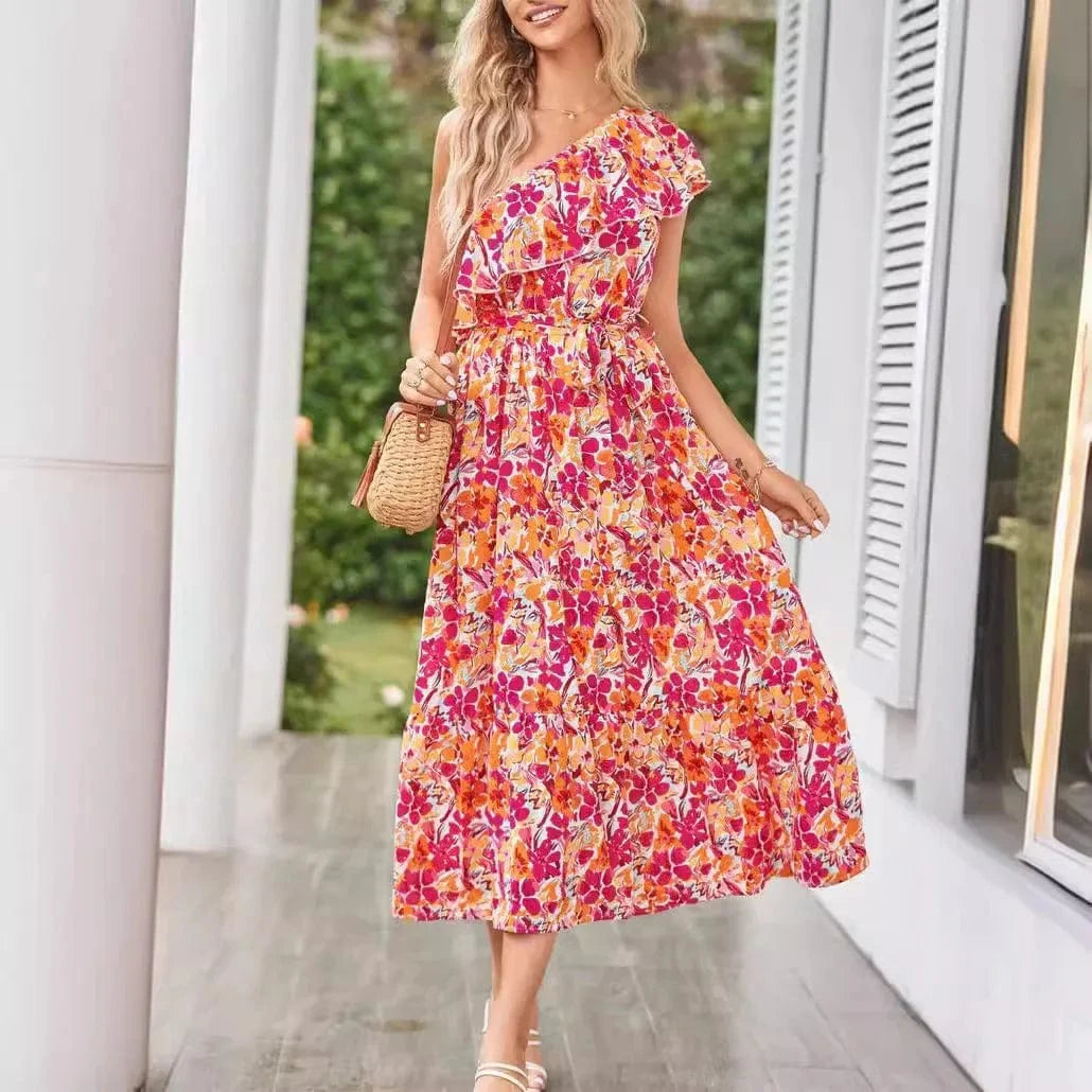 Blommig one shoulder-klänning Gul / S