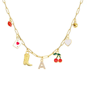 Boho Red Lips Cherry Heart Letter Charm Necklace Gold Plated Boots Crystal Initials Necklaces Cowgirl Beach Jewelry A