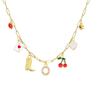 Boho Red Lips Cherry Heart Letter Charm Necklace Gold Plated Boots Crystal Initials Necklaces Cowgirl Beach Jewelry O