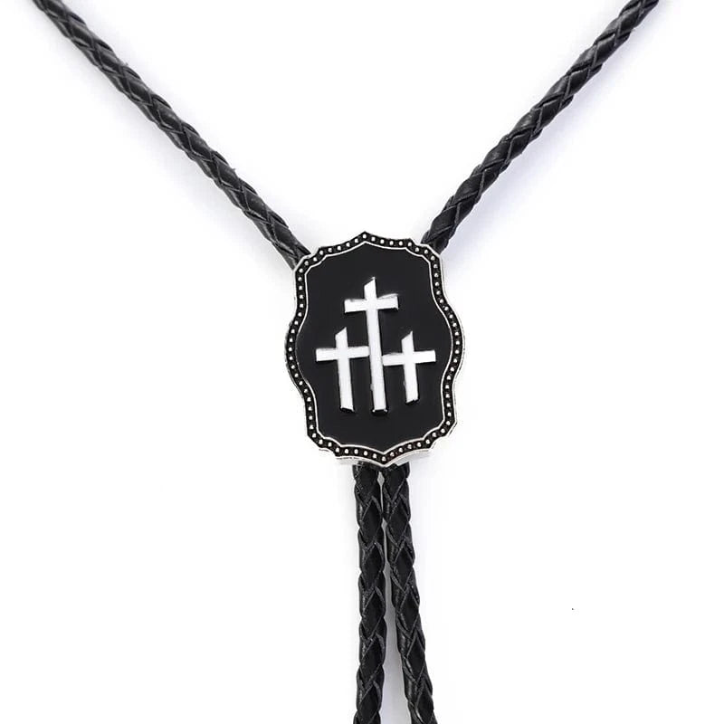 Bolo tie med korsmotiv i svart emalj Vit