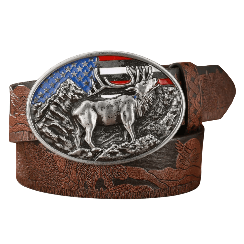 Cowboybälte amerikanskt älgspänne Mörkbrun silver / 120cm
