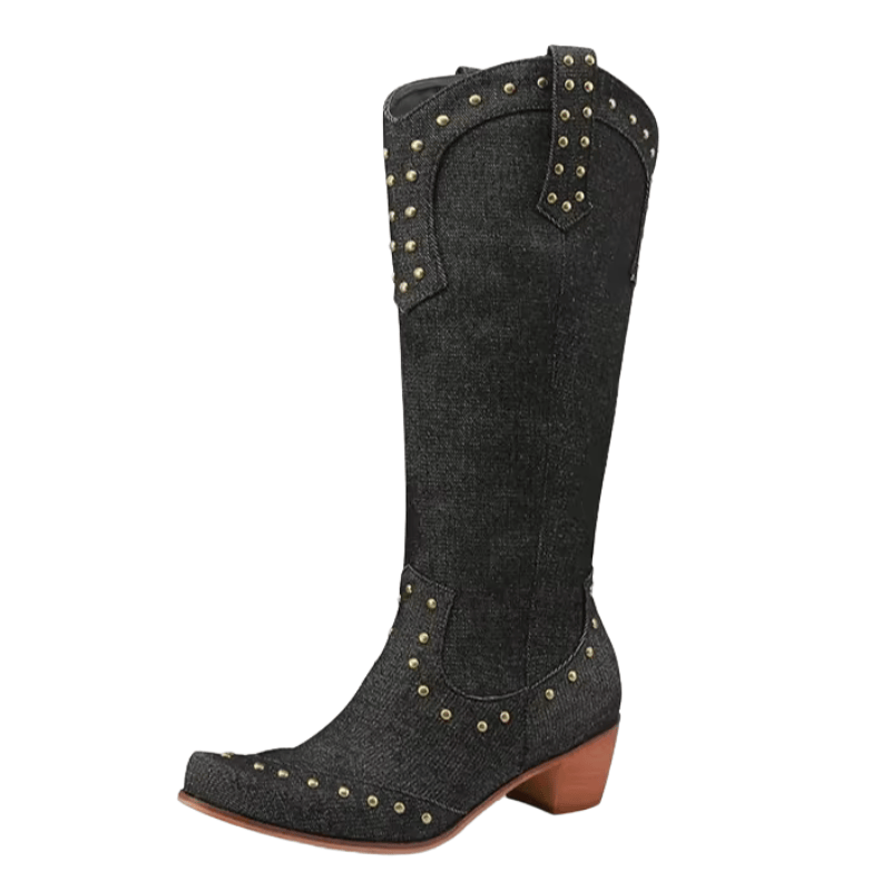 Cowboyboots Denim med Nitar och Blockklack Svart / 35
