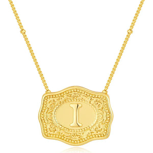 Embossed Belt Buckle Pendant Necklace for Men Punk Jewelry Gold Color A-Z Initial Letter Necklaces Women Western Jewelry Gift I / Silver / CHINA