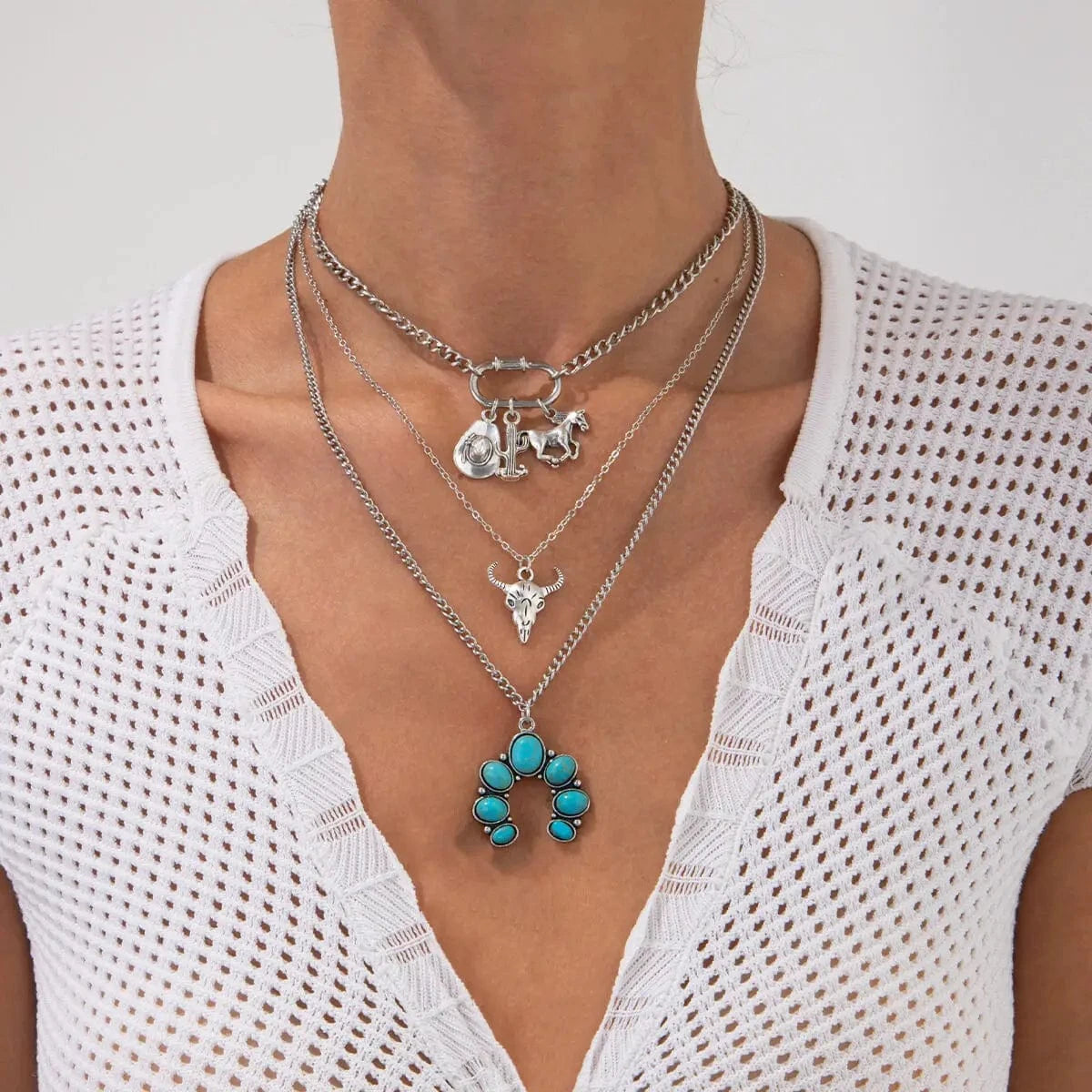 Flerradigt halsbandsset i western stil med turkos och cowboy-berlocker Silver med 3st