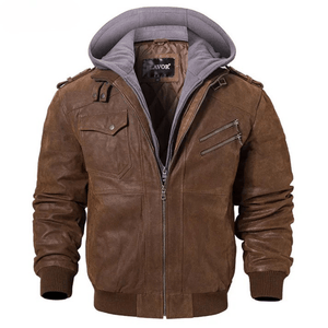 Jacka läder huva Brun grå / XS