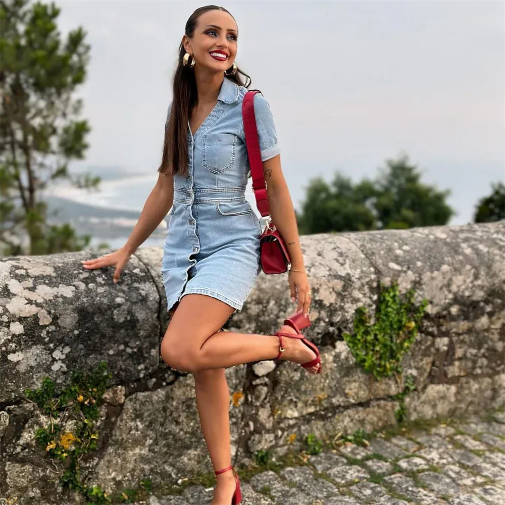 Short Denim Dress with Buttons