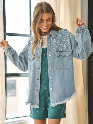 Oversize jeansjacka dam med fransar och pärlor