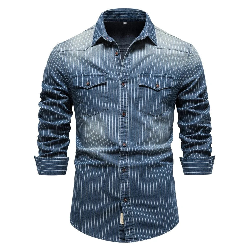 Randig cowboy skjorta herr i stretch-denim Marinblå / S