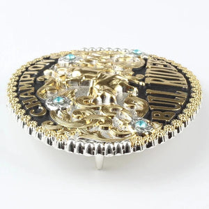 Rodeo Champion Bältesspänne "Bull Rider" med Turkos Strass Guld och silver