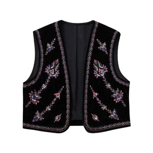 Svart Sammetsväst med Rosa Lila Silver Paljetter Broderi Svart / XS