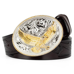 Westernläderbälte med gyllene örnspänne B Mörkbrun / 90cm