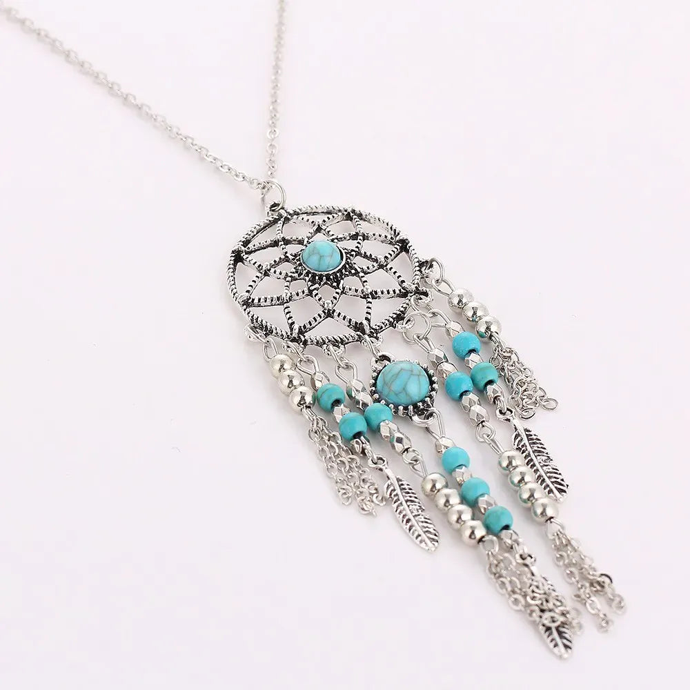 2016 New Bohemia Style Retro Tassel Feathers Turquesa Pendant Necklace  78cm Dream catcher Sweater Necklaces For Women Girl