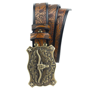 Bältesspänne Longhorn med Stjärnor och Snirklig Gravyr Antik Brons Antik brons