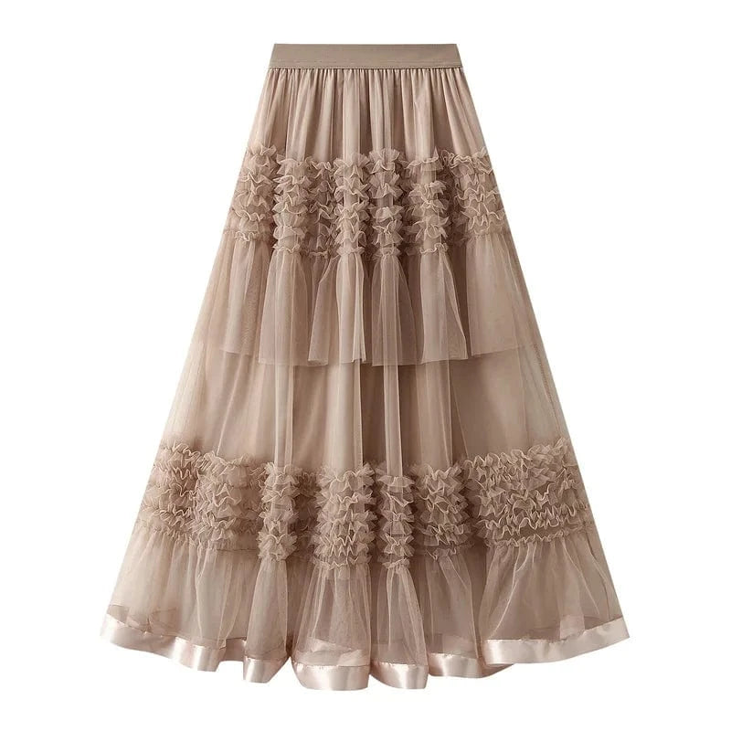 Bohemisk golvlång tyllkjol Khaki / One Size
