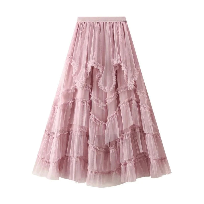 Bohemisk präriekjol i lager på lager av tyll Rosa / One Size