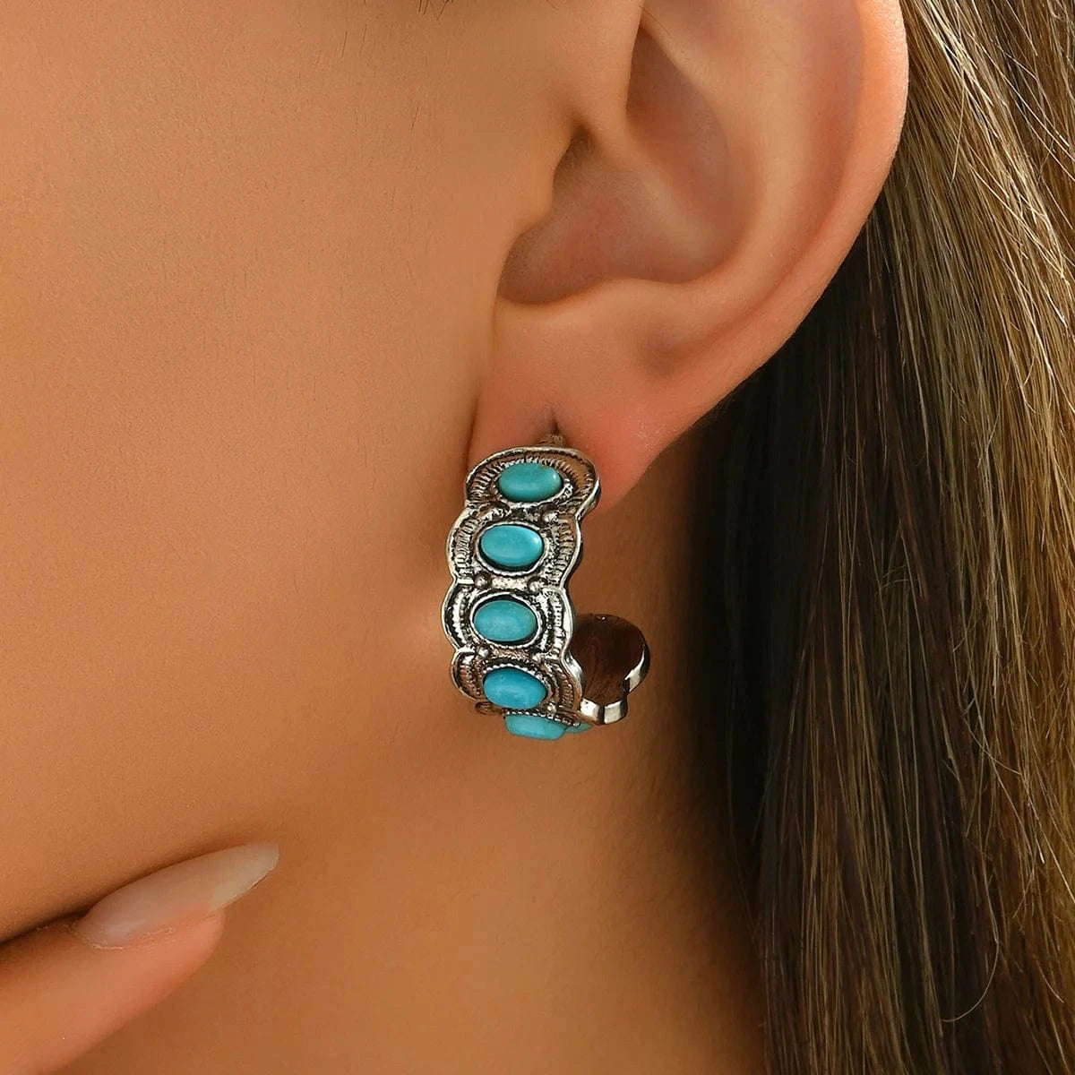Bohemiska creoler i silver Turkosblå