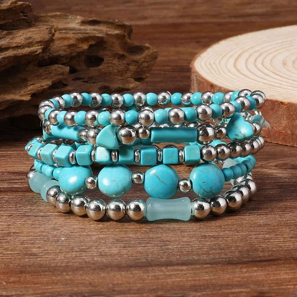 Boho Läderarmband med Turkosa Pärlor och Berlocker Stil 5st