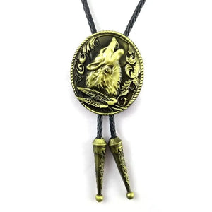 Bolo tie i läder med vargmotiv i antik stil Antikguld