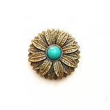 Concho i Mässing med Tribal Solblomma och Färgsten Antikguld och grön / 30mm