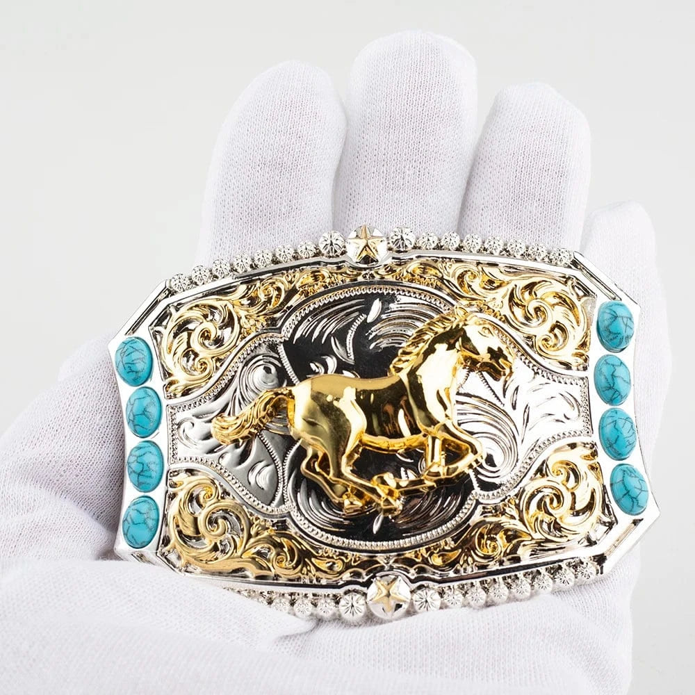 Cowboy-bältespänne med häst i guld och turkoser