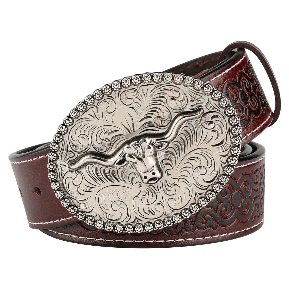 Cowboybälte med tjurskallespänne i äkta läder B Rödbrun / 95cm
