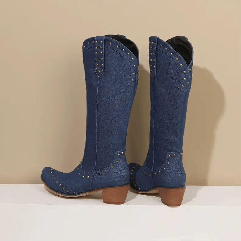 Cowboyboots Denim med Nitar och Blockklack