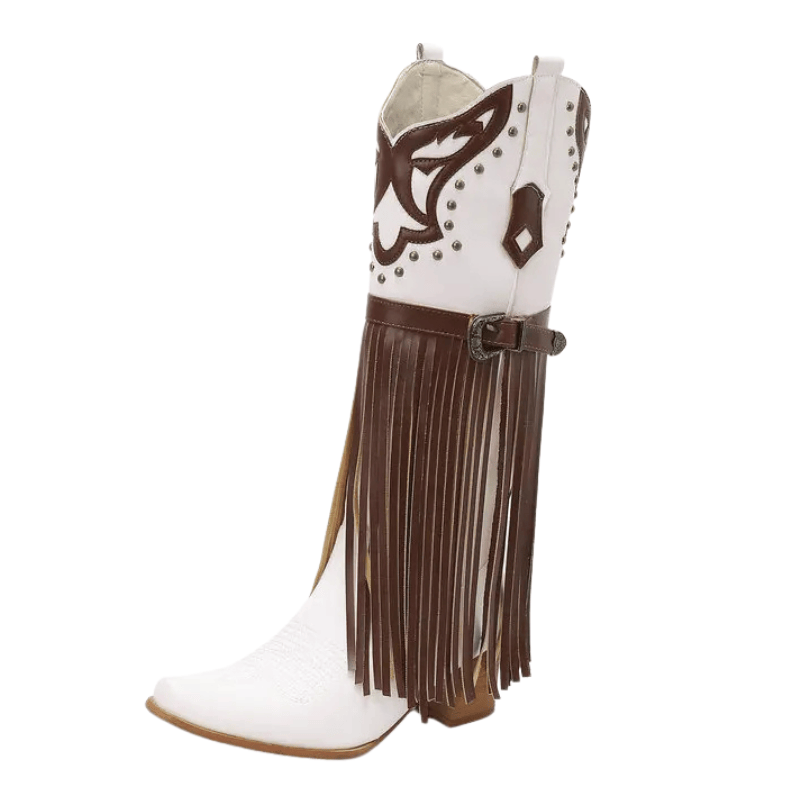 Cowboyboots med fransar och dekorativt spänne i vintage-stil Vit / 35
