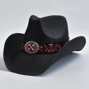 Cowboyhatt i halm med broderat bälte Svart / One Size