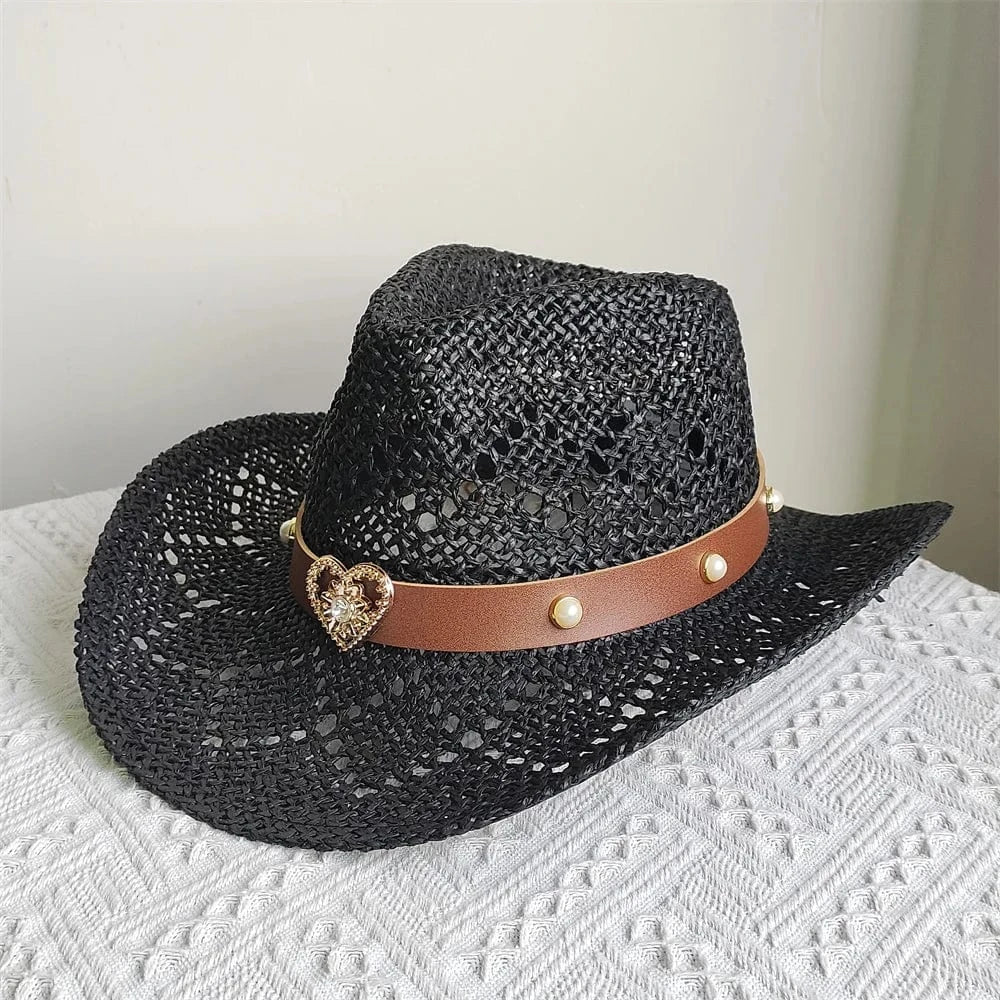 Cowboyhatt i halm med hjärta Svart