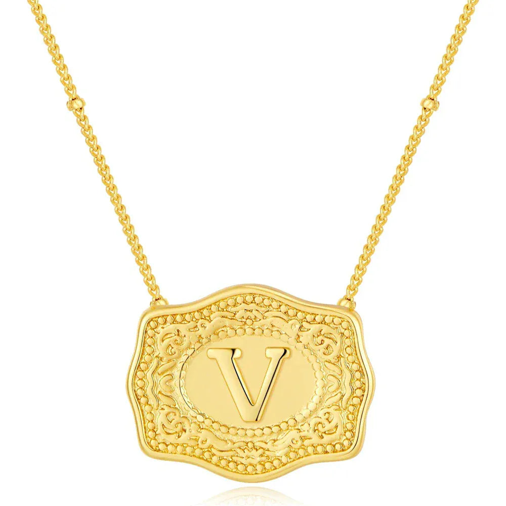 Embossed Belt Buckle Pendant Necklace for Men Punk Jewelry Gold Color A-Z Initial Letter Necklaces Women Western Jewelry Gift V / Silver / CHINA