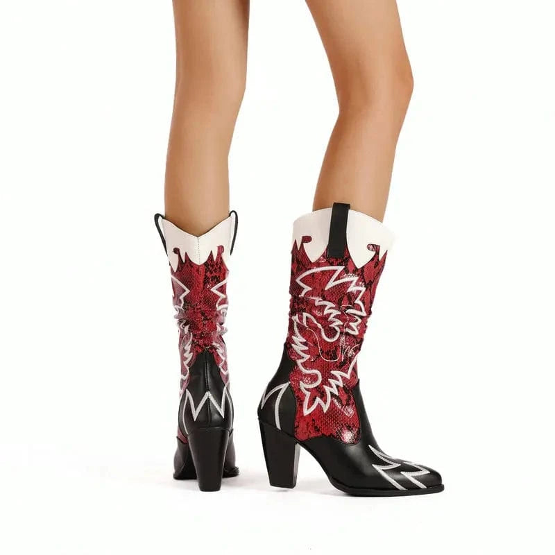 Tvåfärgade Cowgirl Boots med Färgglatt Ormskinnsmönster