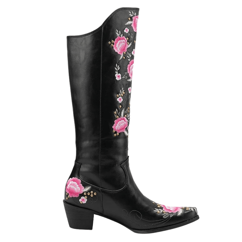 Höga Cowboyboots med Blomsterbroderi och Fransar