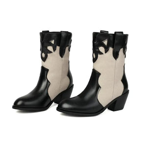 Låga Cowboyboots i västernstil med utskuret mönster och blockklack