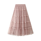Lång A-linje tyllkjol med plisserade volanger Rosa / One Size