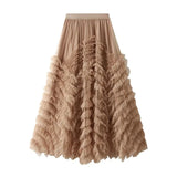 Lång tyllkjol med kaskadvolanger Khaki / One Size