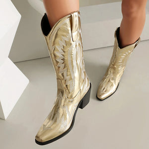 Metalliska Cowgirl Boots med Kontrastbrodyr