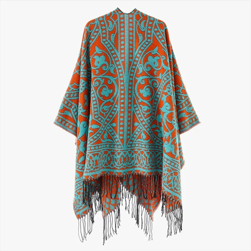 Öppen poncho med blommigt jacquardmönster