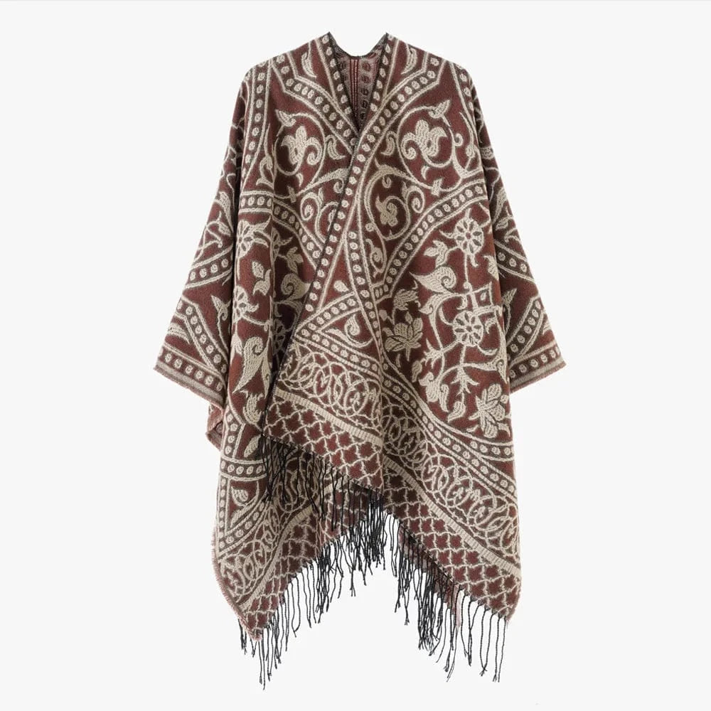 Öppen poncho med blommigt jacquardmönster Brunröd / One Size