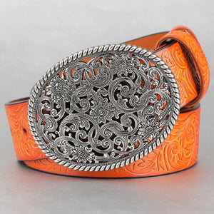 Ovalt bältespänne i vintage-silver med blommigt gravyrmönster Silver
