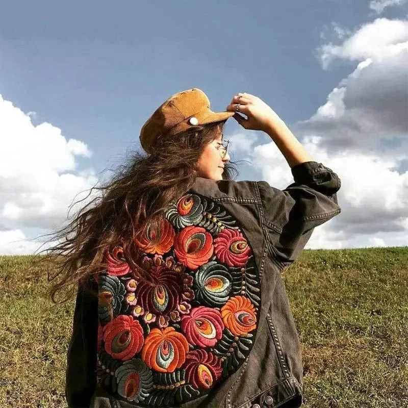 Oversize jeansjacka dam med blombroderi
