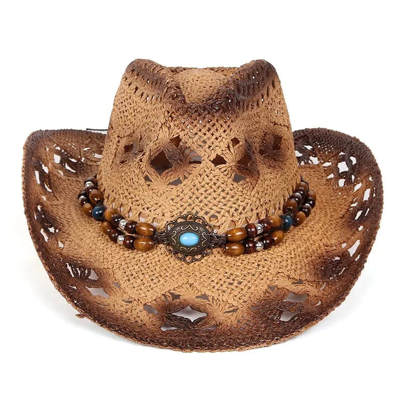 Stråcowboyhatt med pärlor Mörkbeige / Ungefär 56-58cm