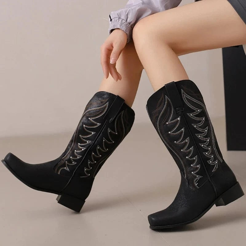 Tvåfärgade Höga Cowboyboots med Fyrkantig Tå för Dam
