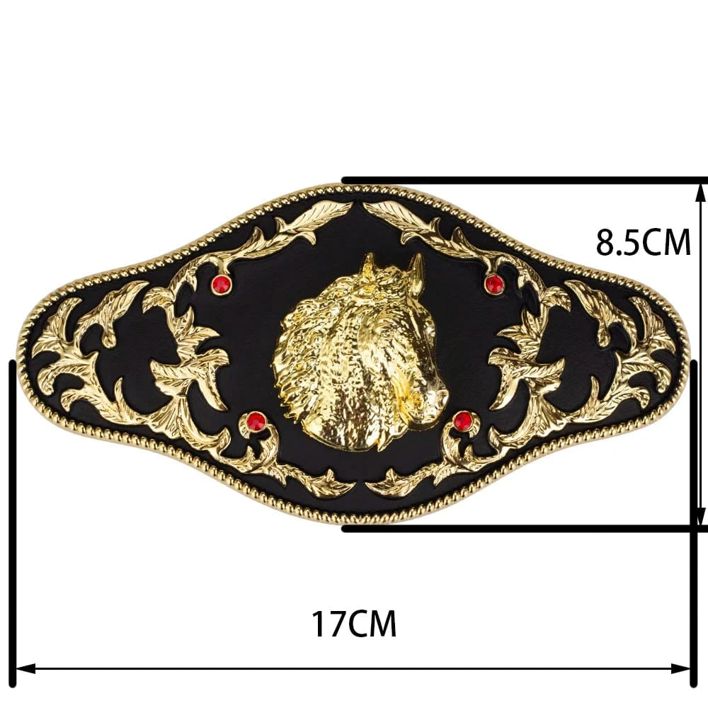 Western Bältesspänne "Böjande Cowboy" med Röda Strass och Guldgravyr