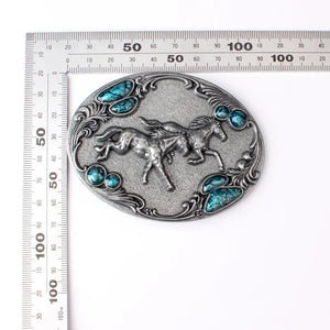 Western bältesspänne Hästmotiv med Turkis Stenar och Snirklig Gravyr
