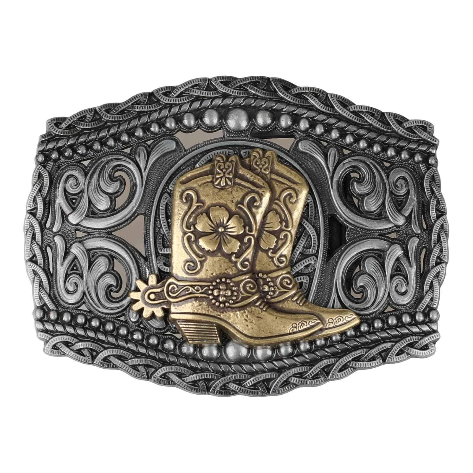 Western Bältesspänne i Metall med Präglad Design Stövlar-guld