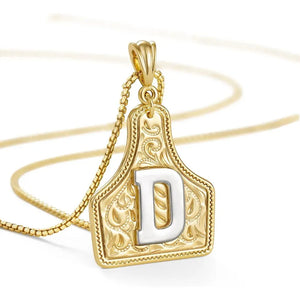 Western Cowgirl Initial Necklace Cowboy A-Z Letter Pendant Necklace for Women Handmade CowTag Two-Toned Jewelry Gift D / With cowboy box
