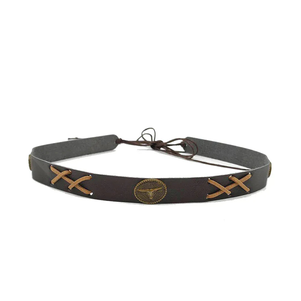 Westernhattband i läder oxemblem Mörkbrun / 1 stycke