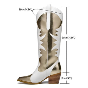 Vita Höga Cowgirl Boots med Guldiga Detaljer